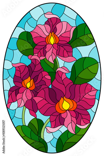 Illustration in the style of a stained glass window with orchid flowers on a blue sky background