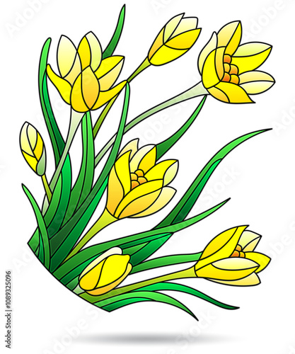 An illustration of stained glass Windows with Crocuses, isolated on a white background