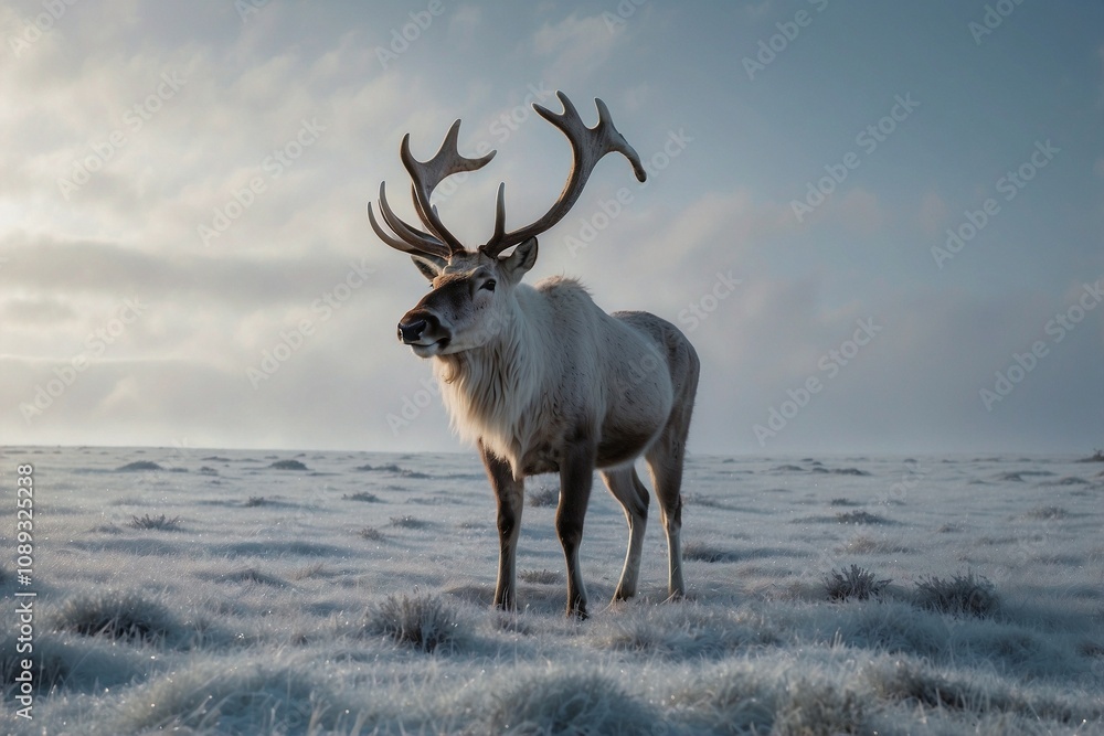 Reindeer in a Frosty Tundra: Captivating Hyper-Realistic Scene with Hoarfrost, Snow, and Gentle Fog Reindeer in a Frosty Tundra: Captivating Hyper-Realistic Scene with Hoarfrost, Snow, and Gentle Fog