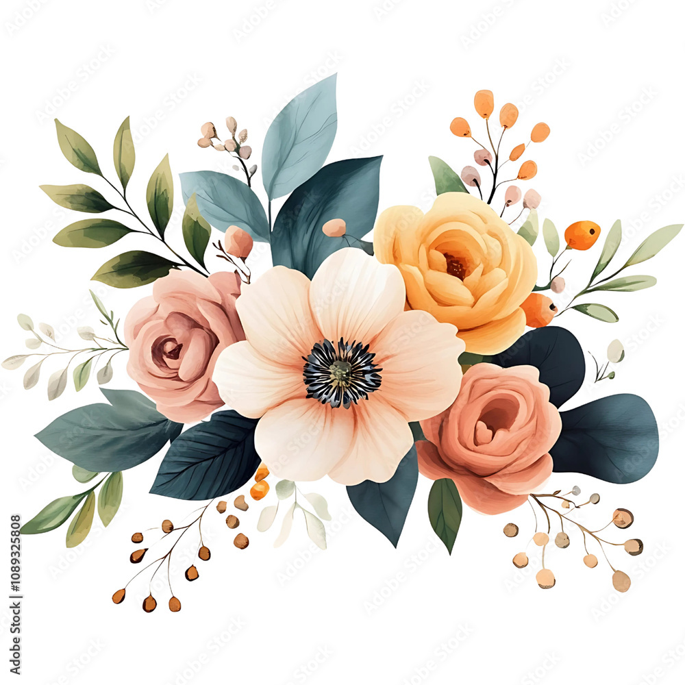 Fototapeta premium Autumn Floral Watercolor Illustration on a Transparent Background, Soft Boho Style with Warm Earth Tones.