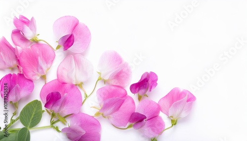 Closeup of Blooming Sweet Pea Flowers and Petals Isolated on White Background. Top View of Flower with Empty Space.