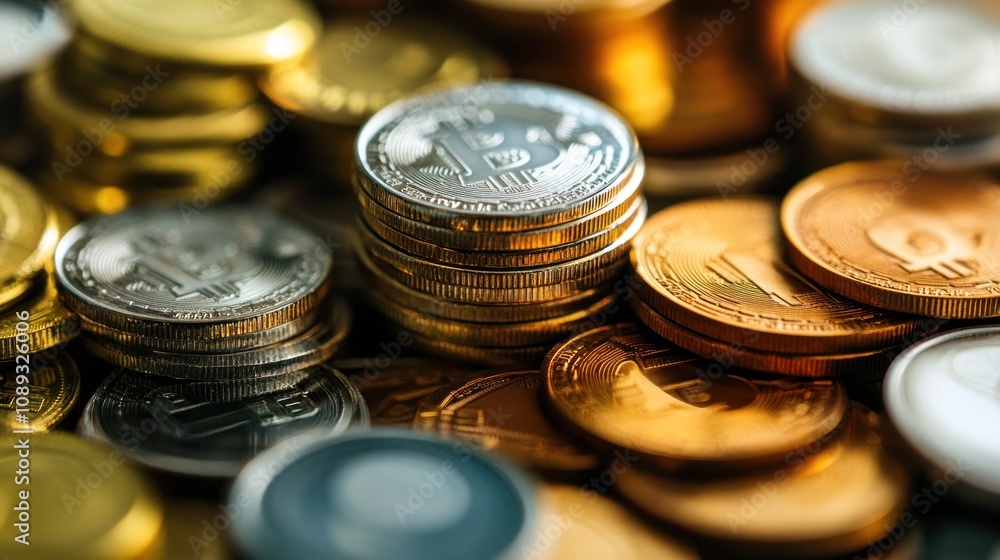 Cryptocurrency Coins Close-Up: Bitcoin, Ethereum, and Altcoins Stacked Cryptocurrency Coins Close-Up: Bitcoin, Ethereum, and Altcoins Stacked