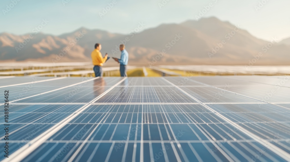 Obraz premium A sales pitch happening in a field near solar panels close up, focus on, copy space Double exposure silhouette with salespeople and solar field