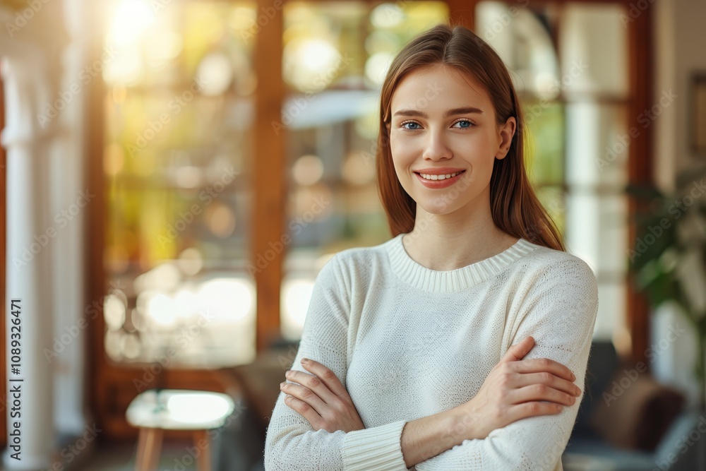 A smiling woman with long hair stands confidently with arms crossed in a bright, cozy indoor setting, featuring soft lighting and greenery. A smiling woman with long hair stands confidently with arms crossed in a bright, cozy indoor setting, featuring soft lighting and greenery.