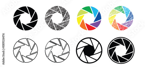 Cartoon aperture logo. Aperture black and outlined icon or pictogram. For Camera zoom objective or lens. Shutter camera aperture lens set. Photography circle open diaphragm. photo camera concept.