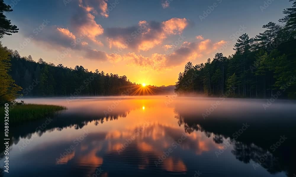 A serene sunrise over a misty lake surrounded by trees. A serene sunrise over a misty lake surrounded by trees.