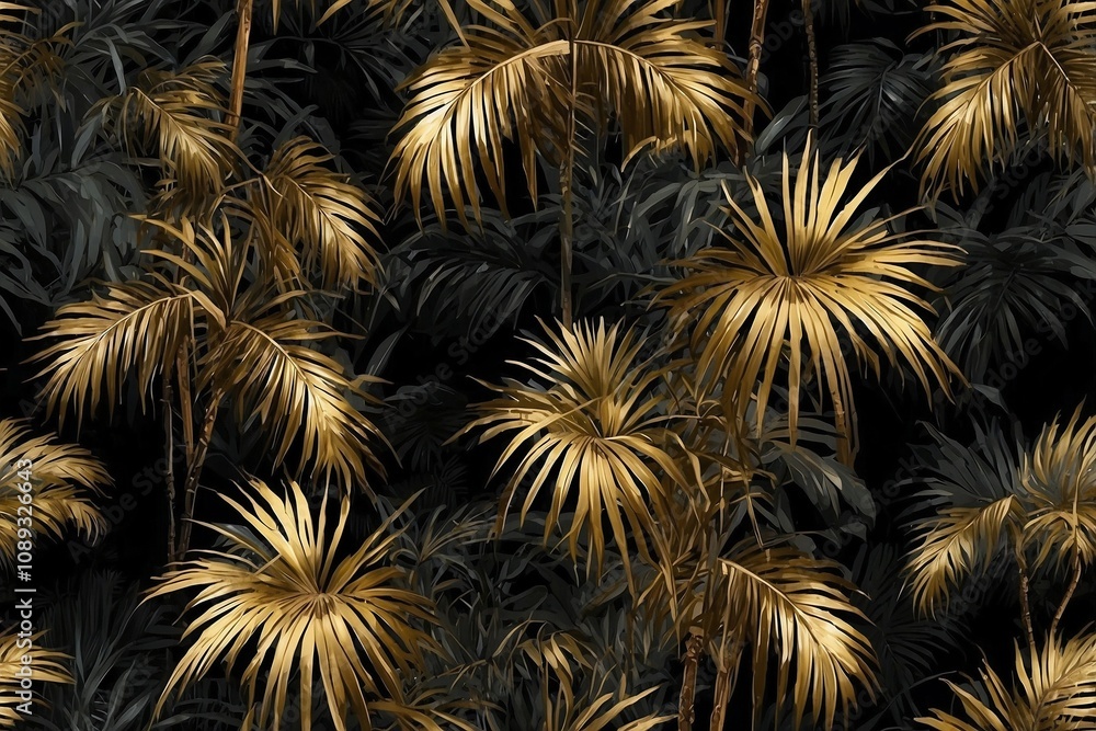 Black and Gold Palm Leaves Shimmering with Gilding Against a Striking Black Background