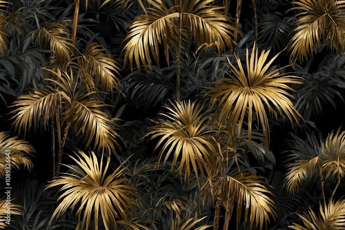 Obraz na płótnie Black and Gold Palm Leaves Shimmering with Gilding Against a Striking Black Background w salonie