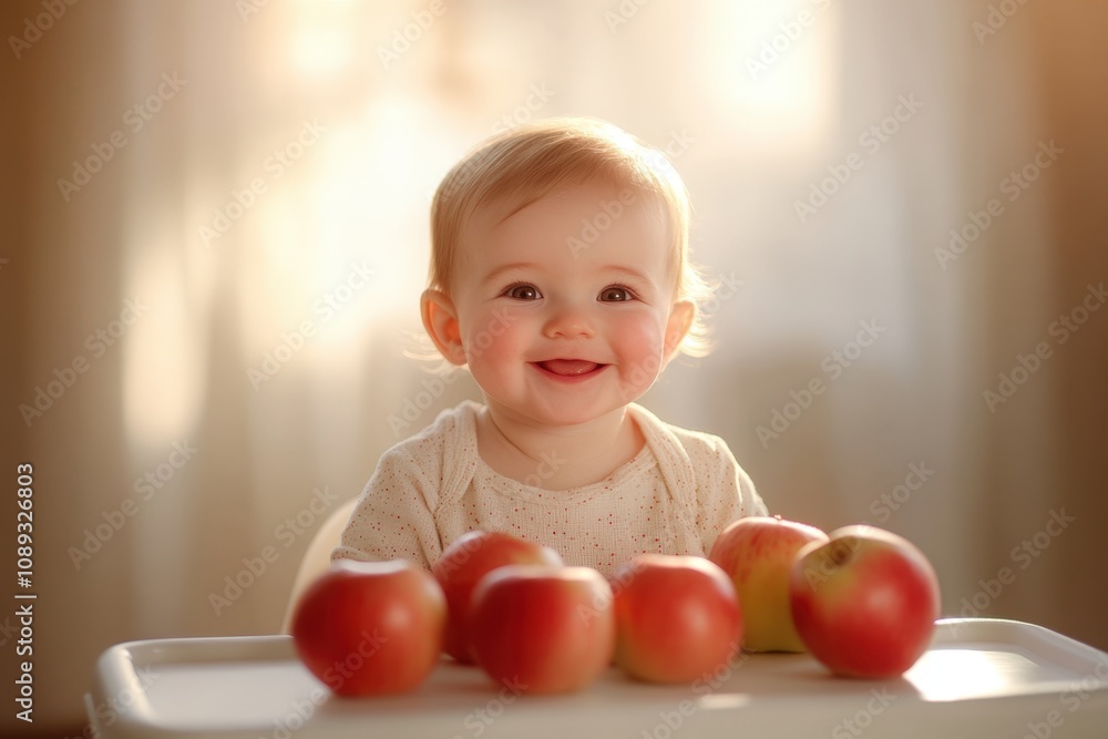 happy baby smiling with fresh apples happy baby smiling with fresh apples