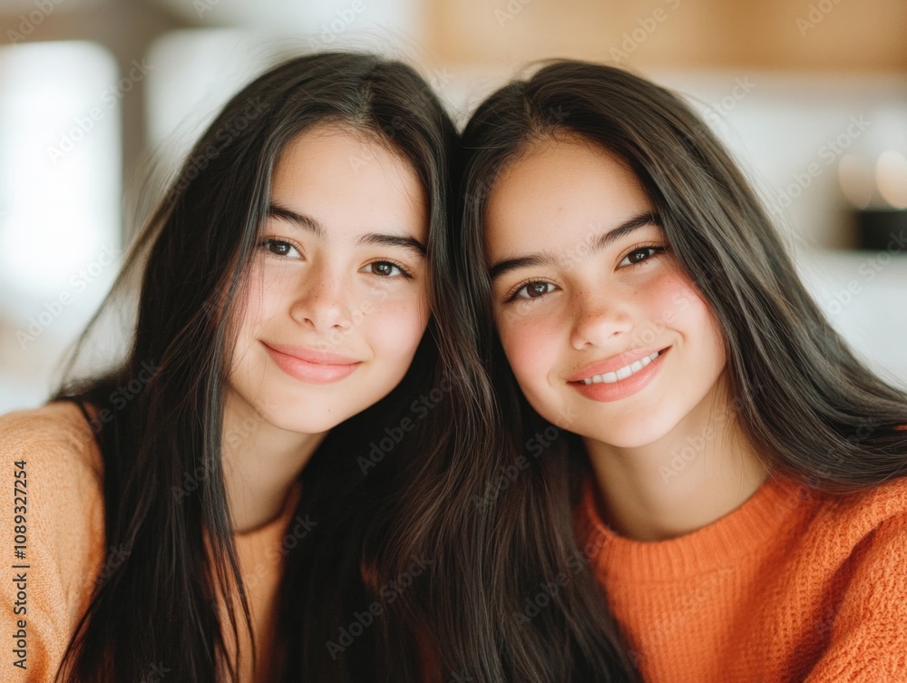 two young girls smiling together in cozy sweaters two young girls smiling together in cozy sweaters