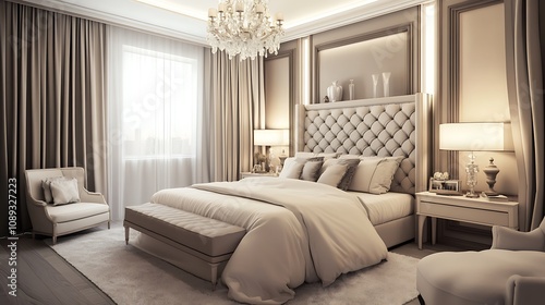 Elegant and Cozy Modern Bedroom Interior Design with Stylish Decor, mockup, poster and Background