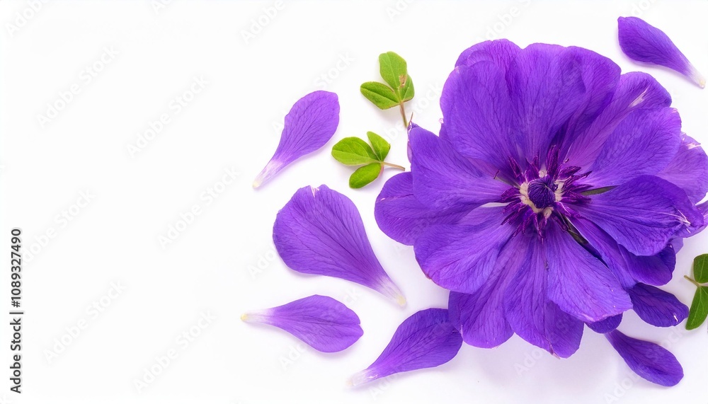 Obraz premium Closeup of Blooming Violet Flowers and Petals Isolated on White Background. Top View of Flower with Empty Space.