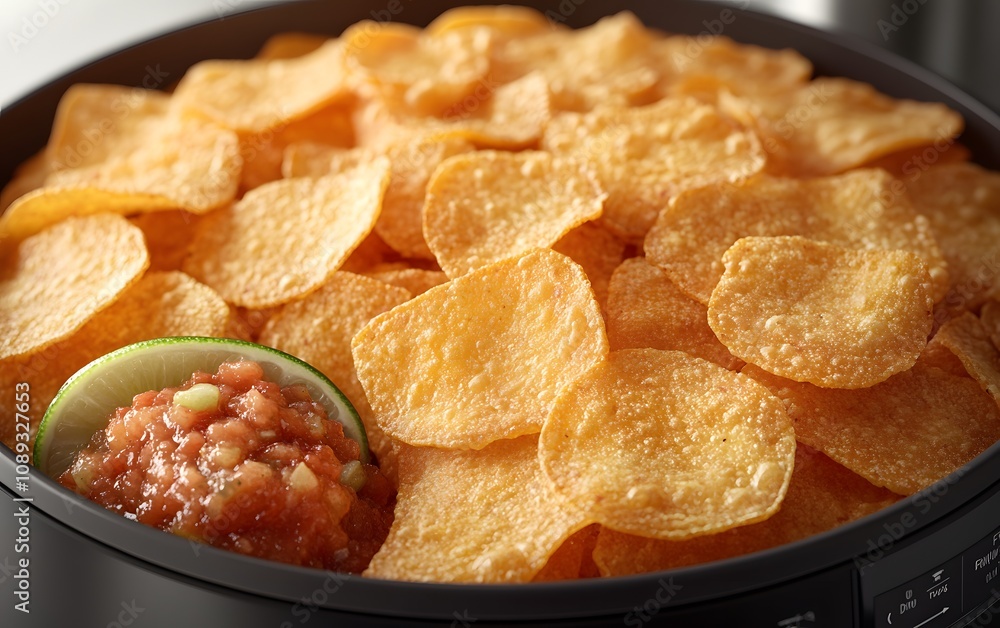 A bowl filled with crispy tortilla chips accompanied by salsa and a lime wedge. A bowl filled with crispy tortilla chips accompanied by salsa and a lime wedge.