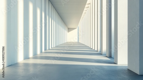 Long, empty corridor with white walls and columns, bathed in sunlight streaming through windows