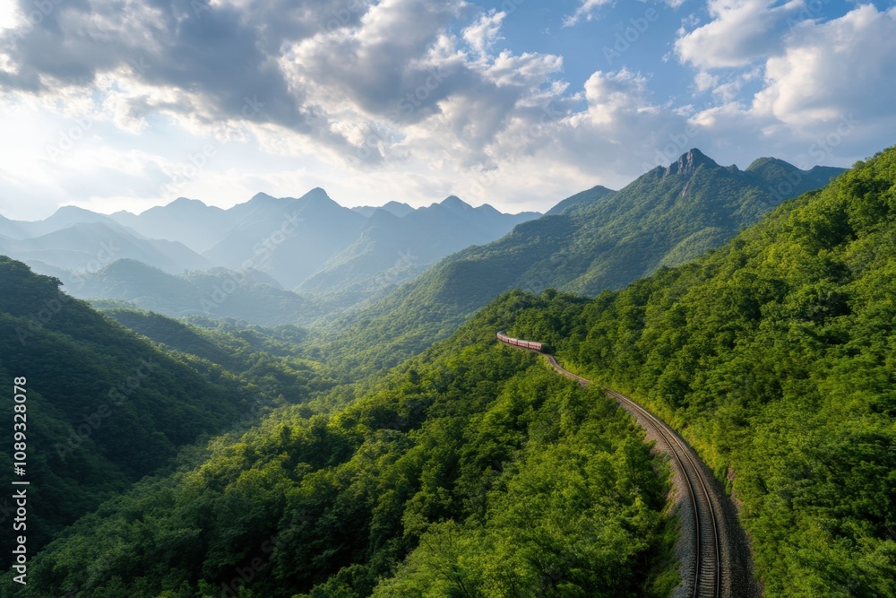 Fototapeta premium scenic train journey through lush mountains and valleys