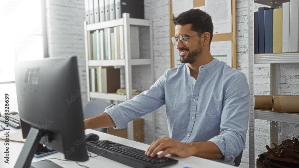 Young man with a beard in an office using a phone for a video call while smiling, surrounded by computer, shelves, and documents, creating a modern workplace environment. Young man with a beard in an office using a phone for a video call while smiling, surrounded by computer, shelves, and documents, creating a modern workplace environment.