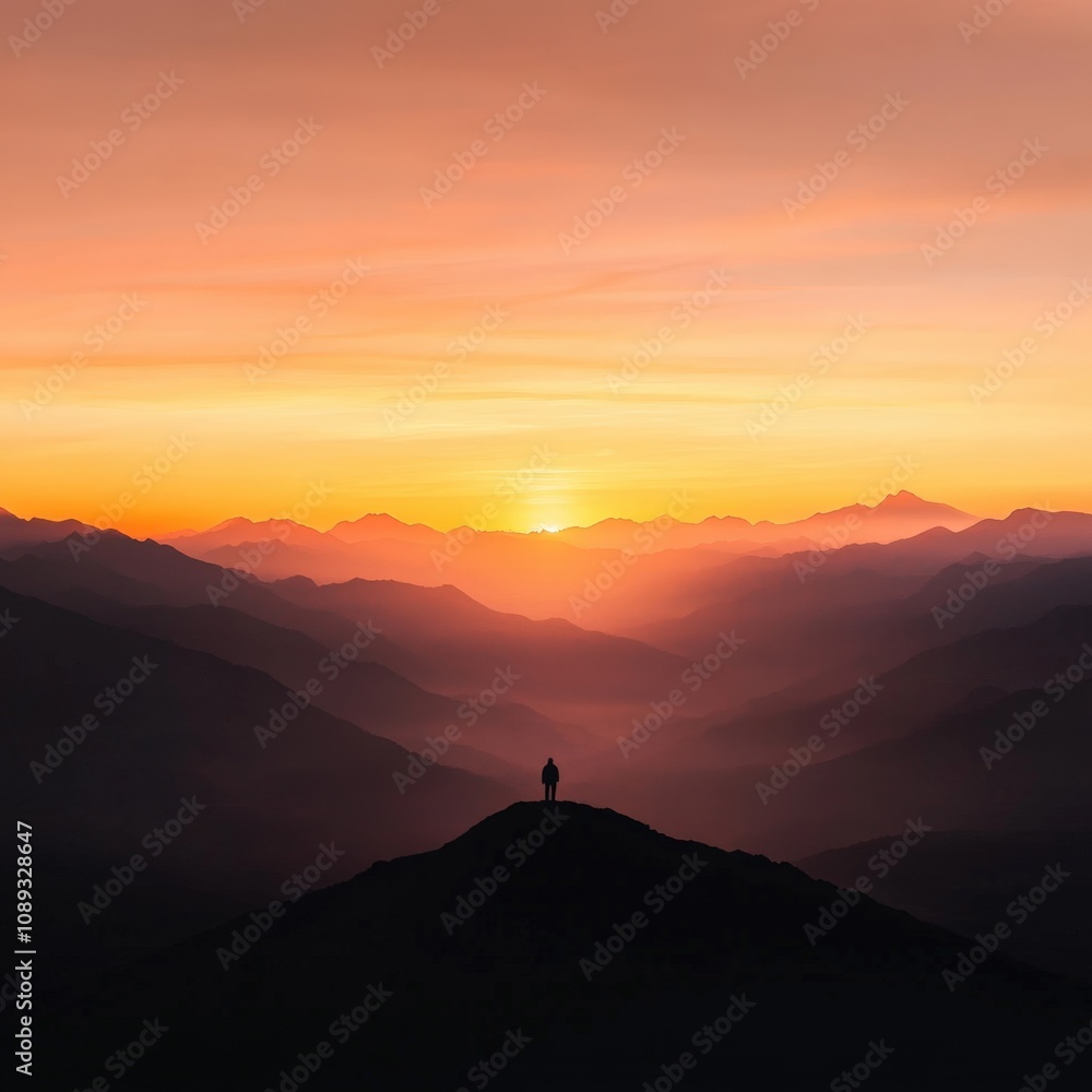 silhouette of a person standing on a mountain peak during sunset silhouette of a person standing on a mountain peak during sunset