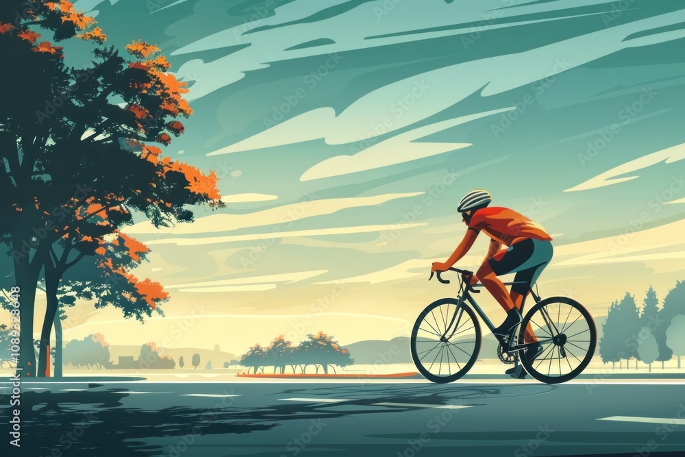 Fototapeta premium Cyclist riding road bike on scenic road with trees and sunset. Concept of cycling, sport, fitness, and outdoor activity.