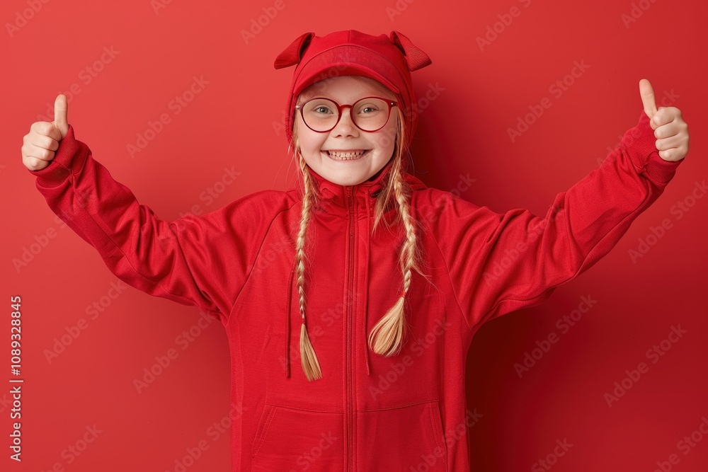 A smiling girl in a red outfit and hat gives a thumbs-up against a matching red background, exuding joy and confidence. A smiling girl in a red outfit and hat gives a thumbs-up against a matching red background, exuding joy and confidence.