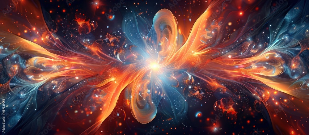 Abstract cosmic artwork with vibrant orange and blue nebulae swirling around a bright core, creating a sense of energy and movement. Abstract cosmic artwork with vibrant orange and blue nebulae swirling around a bright core, creating a sense of energy and movement.
