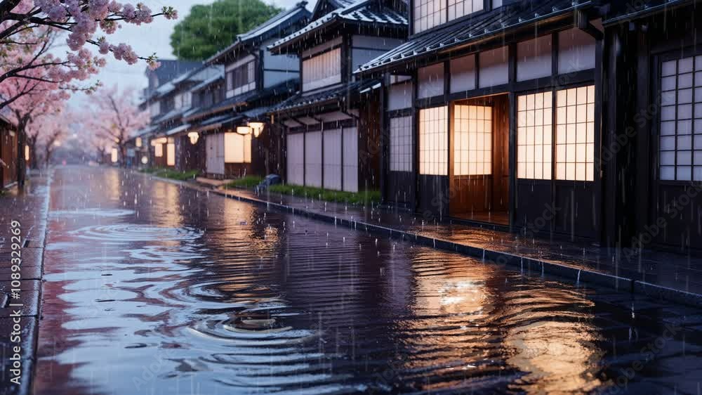 Rainy day scene in a Japanese town with cherry blossoms and traditional houses. Rainy day scene in a Japanese town with cherry blossoms and traditional houses.