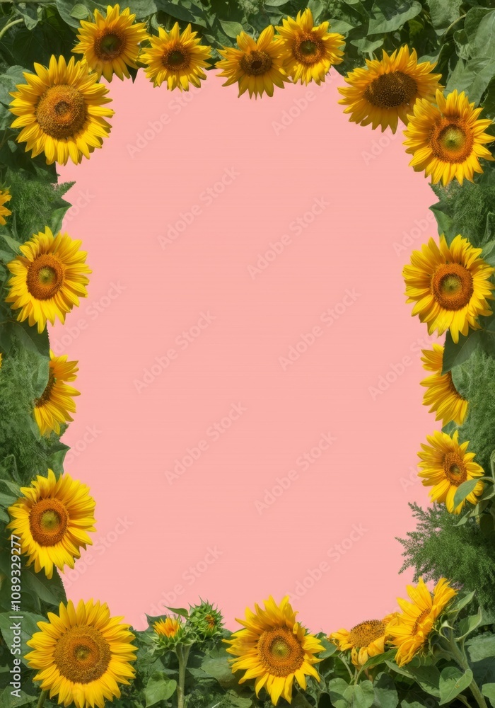 Fototapeta premium Sunflower frame with pink background perfect for invitations or announcements