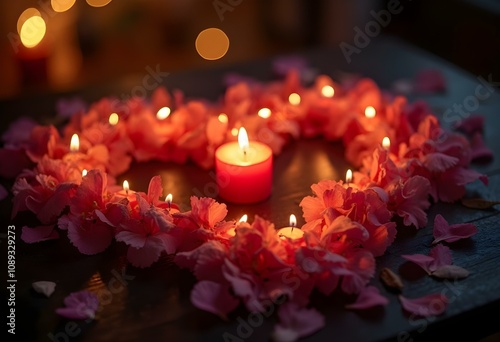 Valentine`s day corazon de petalos y velas photo