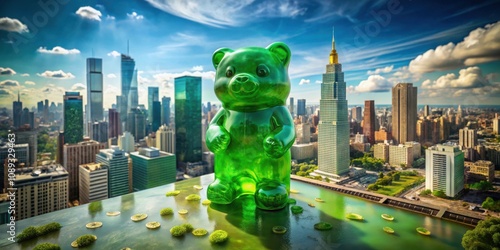 Fototapeta Naklejka Na Ścianę i Meble -  A giant gummy bear stands tall on a rooftop overlooking a city skyline, surrounded by miniature lily pads, creating a whimsical scene that blends sweetness with urban architecture.