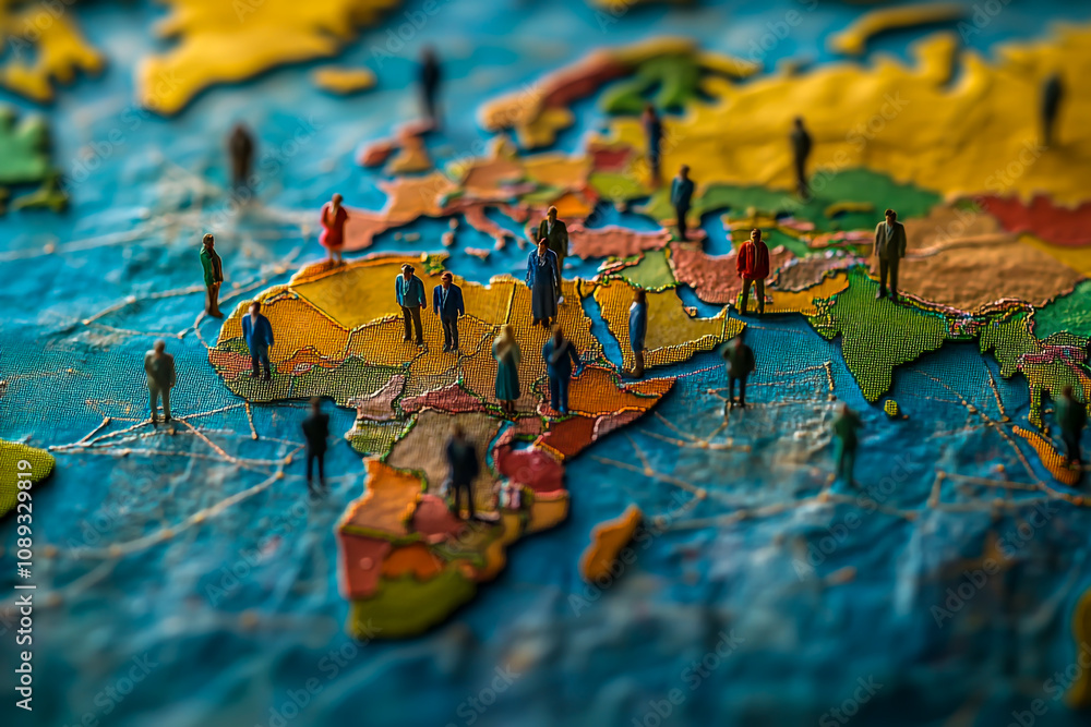 A world map with figures of traders standing at various points. A world map with figures of traders standing at various points.