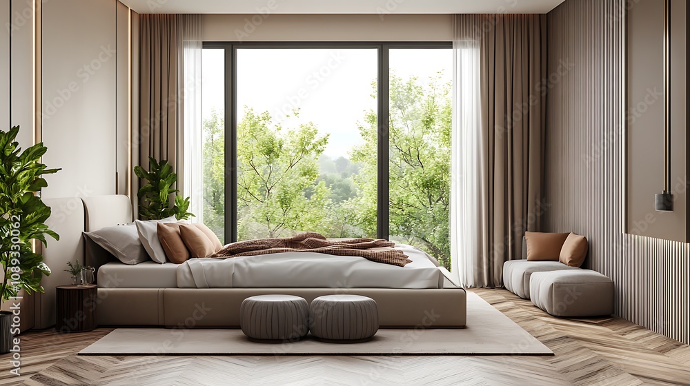 Fototapeta premium Elegant and Cozy Modern Bedroom Interior Design with Stylish Decor, mockup, poster and Background