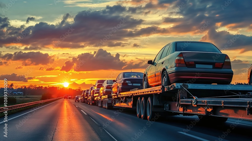 Cars being transported on the road, placed on flatbed trucks at sunset
Cars being transported on the road, placed on flatbed trucks at sunset
