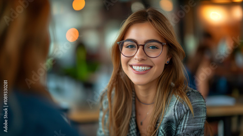 Smiling woman in business attire at a job interview.