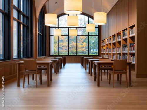 modern library interior with wooden furniture and large windows