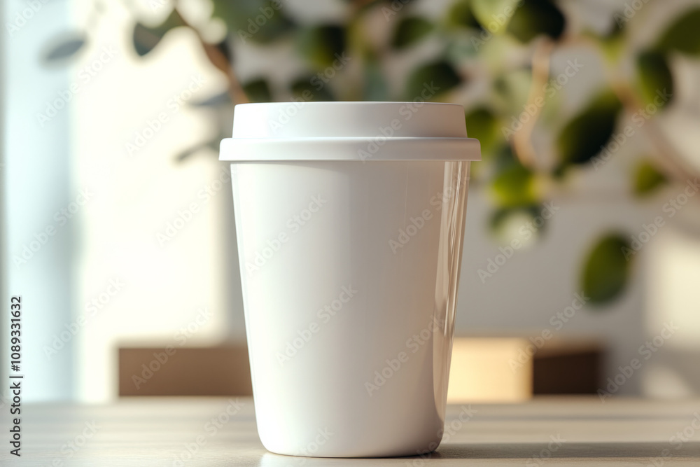 Coffee cup rests on wooden table surrounded by greenery indoors Coffee cup rests on wooden table surrounded by greenery indoors