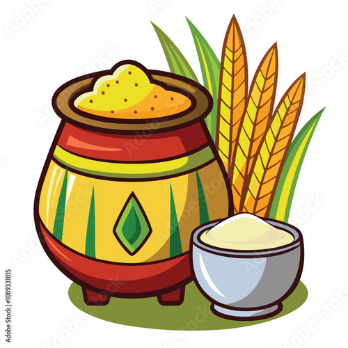 Traditional Pot of Sugarcane and Rice vector illustration Isolated white background.