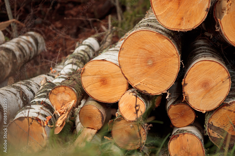 Pile of wooden logs, big trunks of tall trees cut and stacked in a forest. Ecological damage and deforestation Pile of wooden logs, big trunks of tall trees cut and stacked in a forest. Ecological damage and deforestation