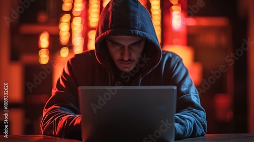 Dramatic documentary style image of a cybercrime scene with a hooded hacker using a laptop in a dark and moody digital environment with dramatic lighting and shadowy ominous atmosphere