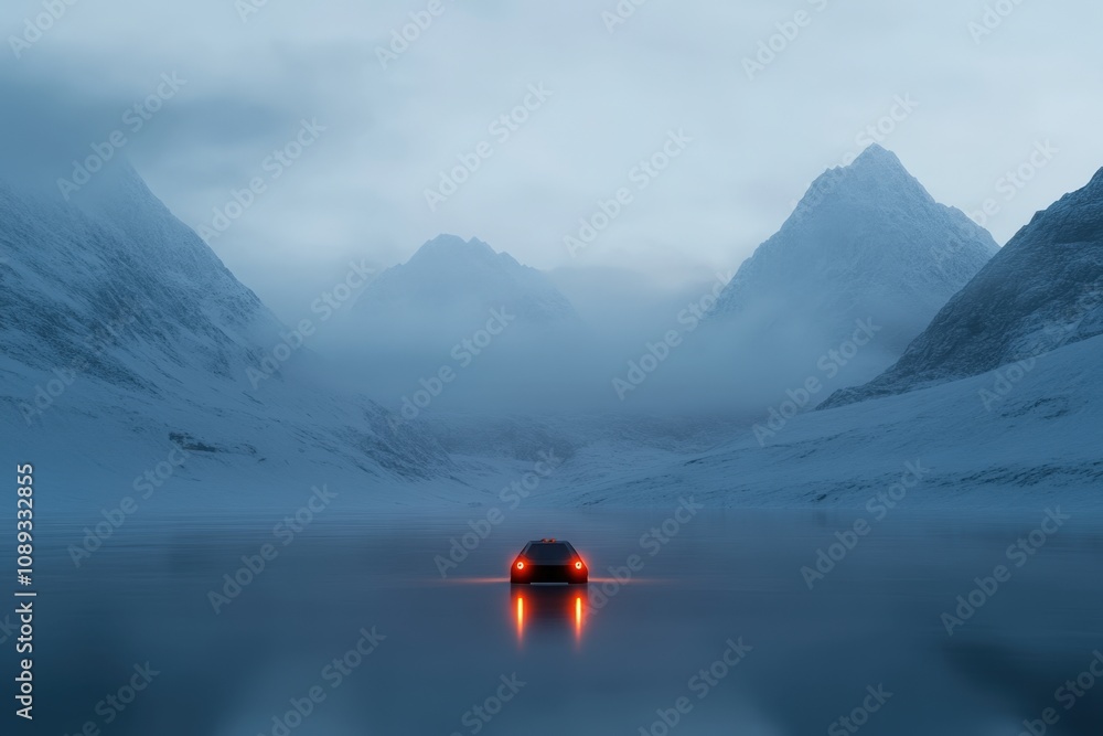 a futuristic car navigating through a serene snowy landscape with mountains in the background a futuristic car navigating through a serene snowy landscape with mountains in the background