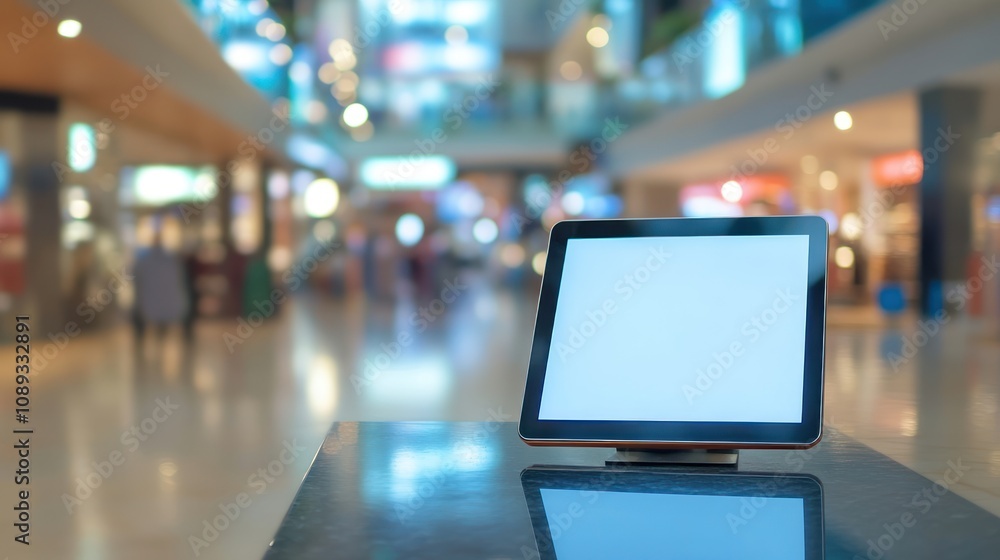 A blank digital display stands in a shopping mall, showcasing a modern, inviting atmosphere. A blank digital display stands in a shopping mall, showcasing a modern, inviting atmosphere.