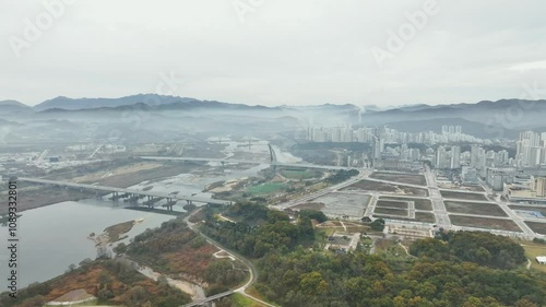 Drone View of Sejong City in South Korea, Park, Autumn, 60fps photo