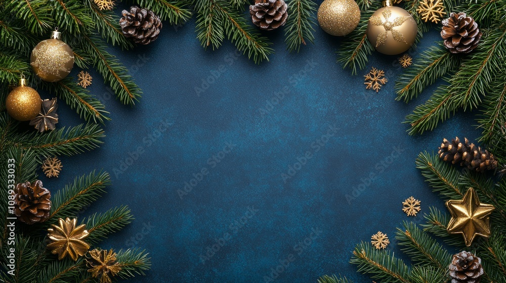 Festive Christmas border with pine branches, gold ornaments, pine cones, and snowflakes on a blue background. Festive Christmas border with pine branches, gold ornaments, pine cones, and snowflakes on a blue background.