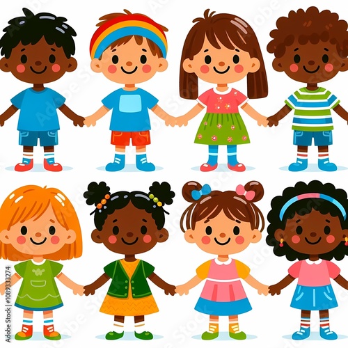 Playful stick figure illustrations of children, including boys and girls, showcasing a variety of ethnic backgrounds.