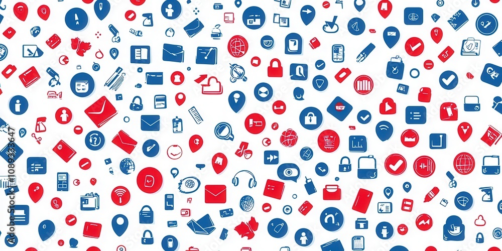 optimization business pattern. A vibrant collage of icons featuring technology, communication, and security symbols in red and blue on a white background. optimization business pattern. A vibrant collage of icons featuring technology, communication, and security symbols in red and blue on a white background.
