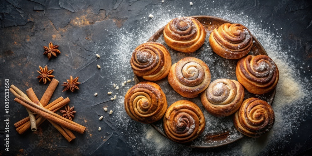 A plate of sweet cinnamon rolls with a dusting of powdered sugar and scattered star anise and cinnamon sticks on a dark textured surface A plate of sweet cinnamon rolls with a dusting of powdered sugar and scattered star anise and cinnamon sticks on a dark textured surface