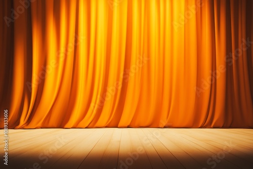 A vibrant orange curtain drapes elegantly on a stage, illuminated by soft lighting, creating a dramatic and inviting atmosphere.