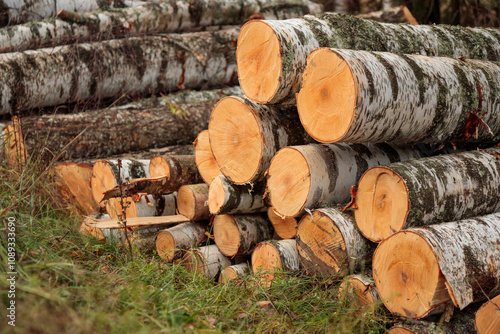 Pile of wooden logs, big trunks of tall trees cut and stacked in a forest. Ecological damage and deforestation photo