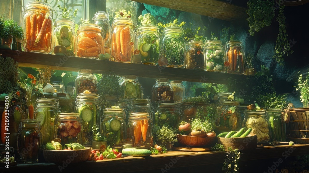 A collection of pickled jars filled with carrots, cucumbers, and radishes, displayed with vibrant spices and fresh veggies. A collection of pickled jars filled with carrots, cucumbers, and radishes, displayed with vibrant spices and fresh veggies.