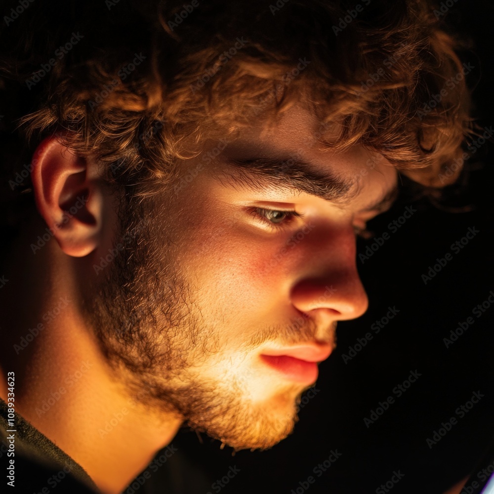 young man focused on a task with dramatic lighting young man focused on a task with dramatic lighting