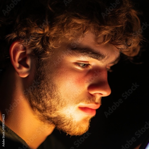 young man focused on a task with dramatic lighting