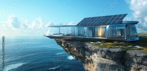 A futuristic glass house perched on the edge of a cliff, with solar panels on the roof and a view of the ocean far below. photo